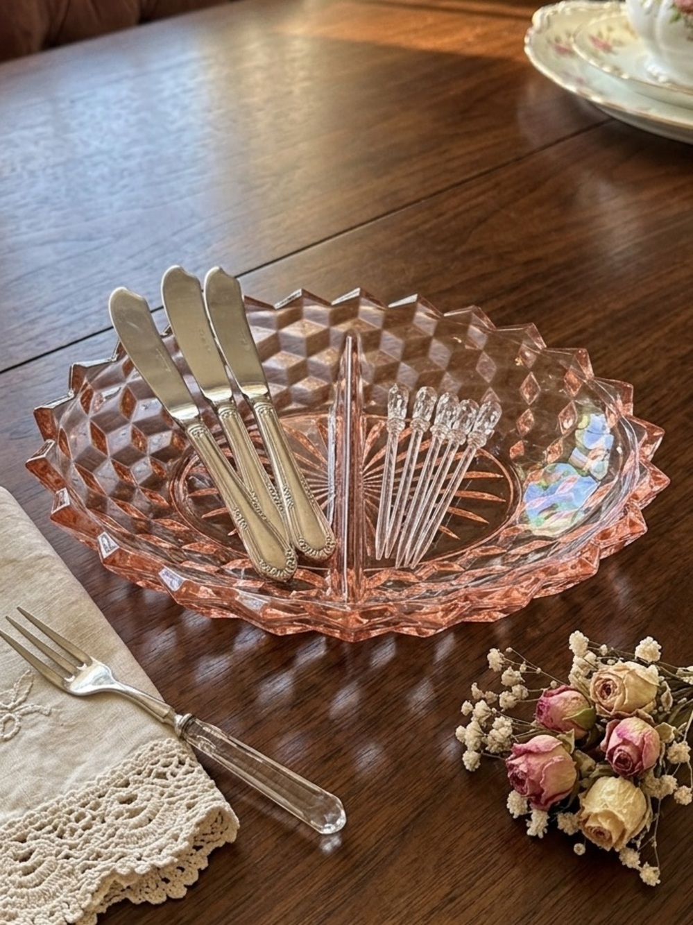 Vintage Pink Depression Glass Divided Relish Dish Diamond Point Sawtooth Oval